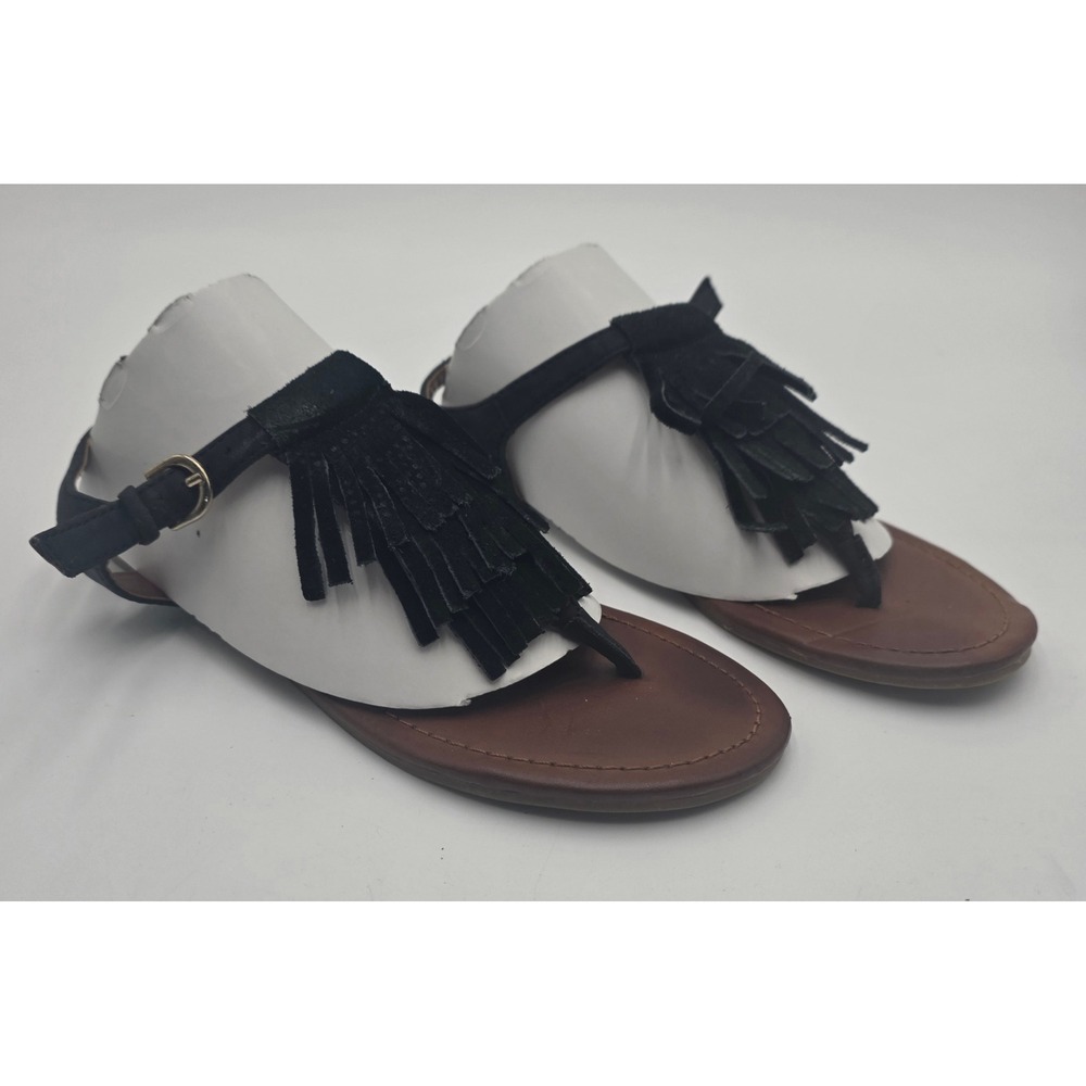 Mudd Ziggy Black Fringe Thong Sandals Women's 6 Med Flat Ankle Strap Boho Brown